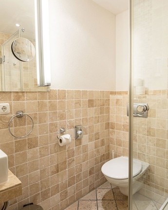 Design-Bad mit moderner Dusche und natürlichen Materialien Hotelbadezimmer mit Dusche & WC